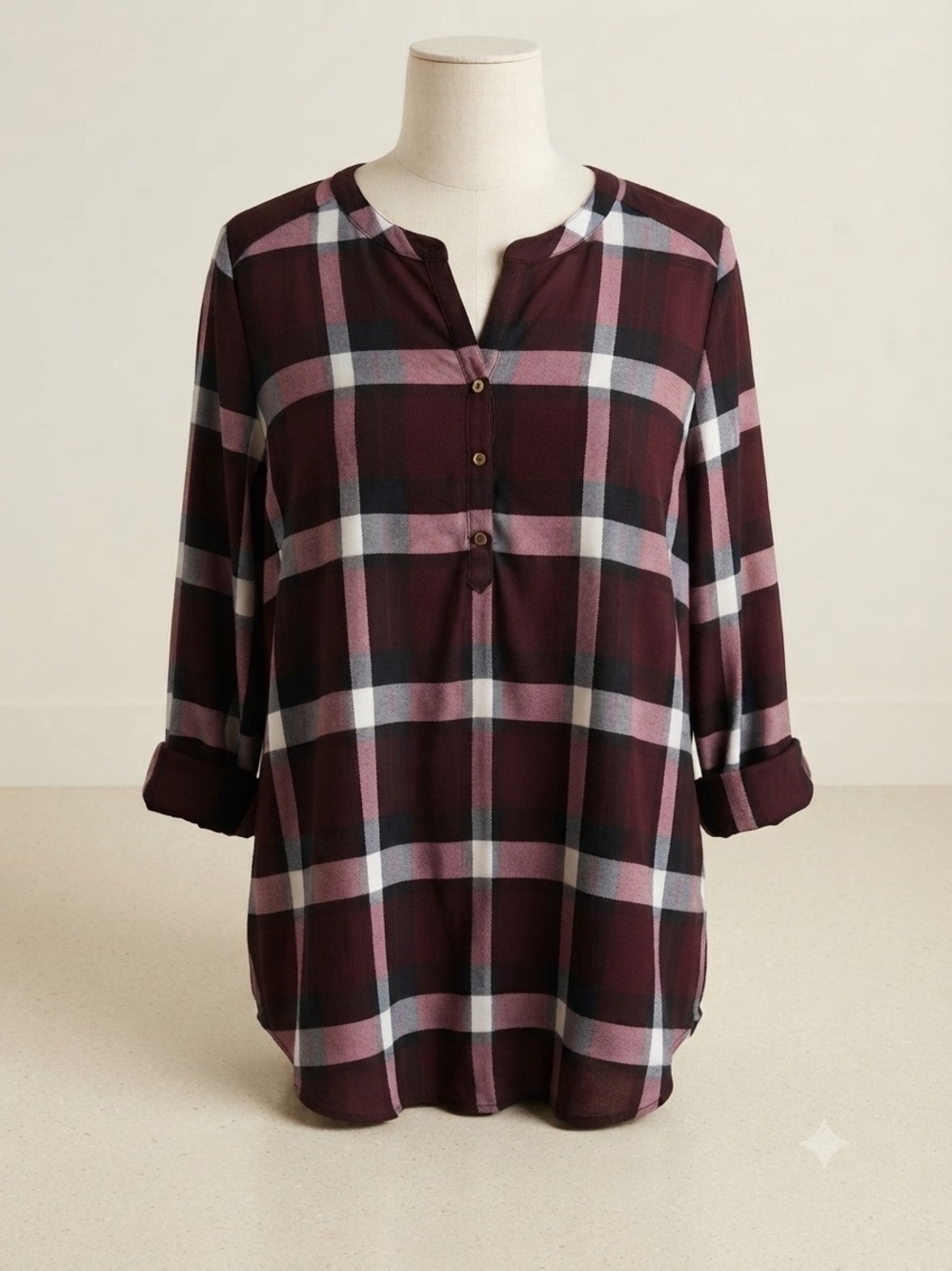 NYGARD Burgundy Plaid Roll-Tab Henley Tunic